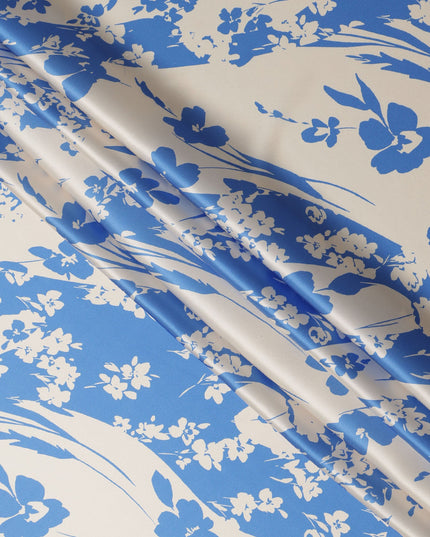 Blue & Ivory Floral Print Premium Pure Silk Satin Fabric, 110 cm Width, Elegant Botanical Design, Origin: South Korea-D26807