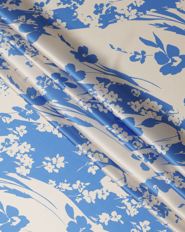 Blue & Ivory Floral Print Premium Pure Silk Satin Fabric, 110 cm Width, Elegant Botanical Design, Origin: South Korea-D26807