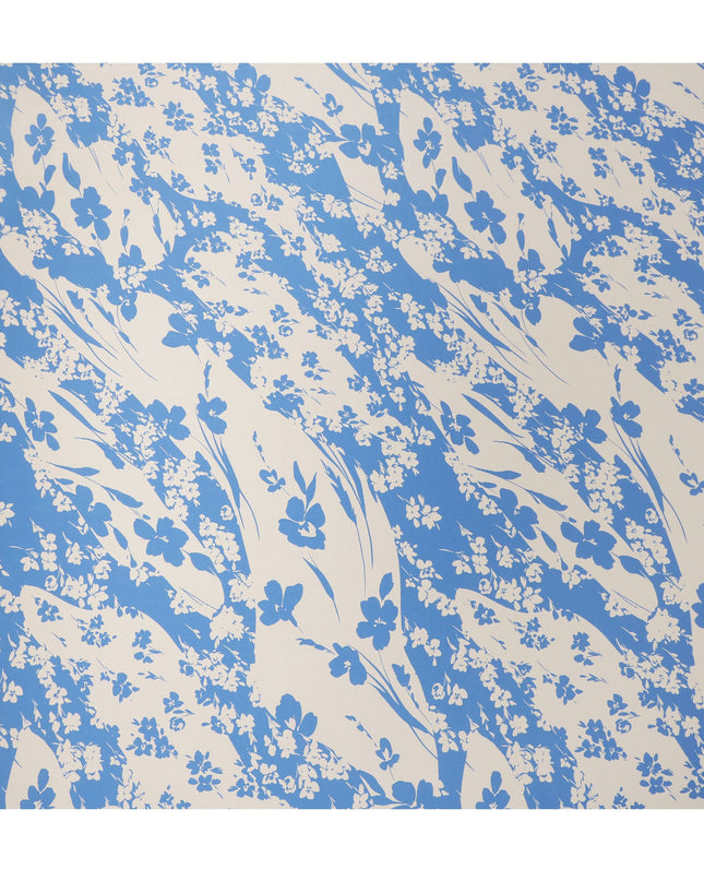 Blue & Ivory Floral Print Premium Pure Silk Satin Fabric, 110 cm Width, Elegant Botanical Design, Origin: South Korea-D26807