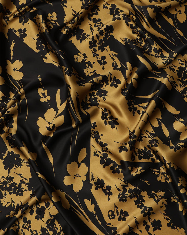 Black & Gold Floral Print Premium Pure Silk Satin Fabric, 110 cm Width, Elegant Botanical Design, Origin: South Korea-D26808