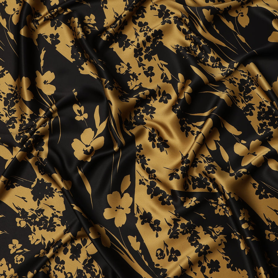 Black & Gold Floral Print Premium Pure Silk Satin Fabric, 110 cm Width, Elegant Botanical Design, Origin: South Korea-D26808