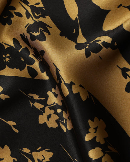 Black & Gold Floral Print Premium Pure Silk Satin Fabric, 110 cm Width, Elegant Botanical Design, Origin: South Korea-D26808
