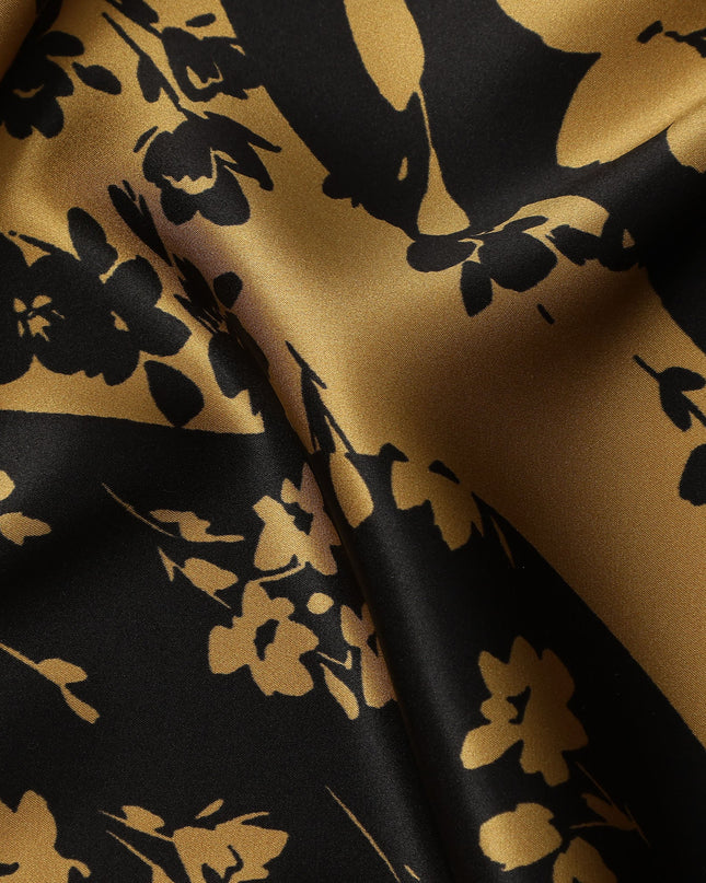 Black & Gold Floral Print Premium Pure Silk Satin Fabric, 110 cm Width, Elegant Botanical Design, Origin: South Korea-D26808