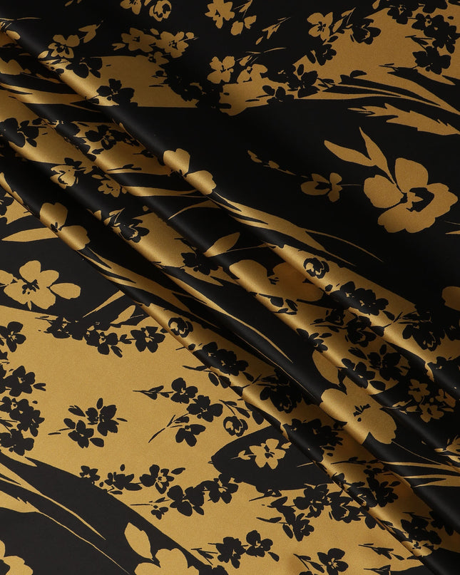 Black & Gold Floral Print Premium Pure Silk Satin Fabric, 110 cm Width, Elegant Botanical Design, Origin: South Korea-D26808