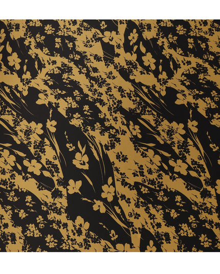 Black & Gold Floral Print Premium Pure Silk Satin Fabric, 110 cm Width, Elegant Botanical Design, Origin: South Korea-D26808