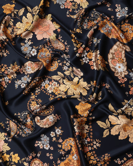 Navy Multicolor Floral Paisley Print Premium Pure Silk Satin Fabric, 110 cm Width, Intricate Designer Pattern, Origin: South Korea-D26813