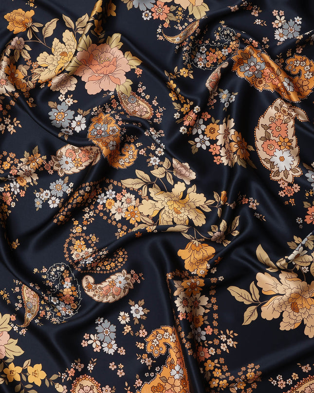 Navy Multicolor Floral Paisley Print Premium Pure Silk Satin Fabric, 110 cm Width, Intricate Designer Pattern, Origin: South Korea-D26813