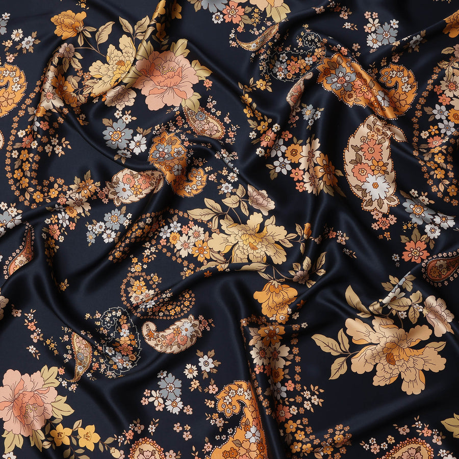Navy Multicolor Floral Paisley Print Premium Pure Silk Satin Fabric, 110 cm Width, Intricate Designer Pattern, Origin: South Korea-D26813