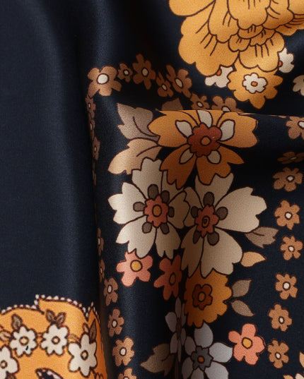 Navy Multicolor Floral Paisley Print Premium Pure Silk Satin Fabric, 110 cm Width, Intricate Designer Pattern, Origin: South Korea-D26813
