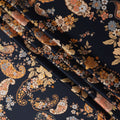 Navy Multicolor Floral Paisley Print Premium Pure Silk Satin Fabric, 110 cm Width, Intricate Designer Pattern, Origin: South Korea-D26813