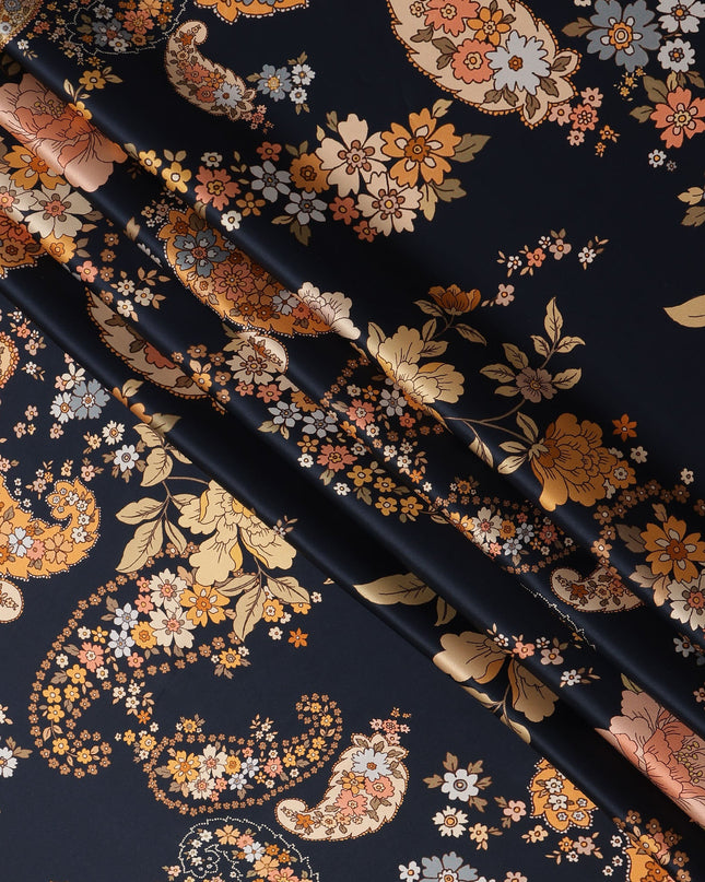 Navy Multicolor Floral Paisley Print Premium Pure Silk Satin Fabric, 110 cm Width, Intricate Designer Pattern, Origin: South Korea-D26813