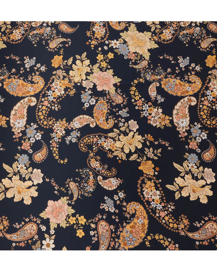Navy Multicolor Floral Paisley Print Premium Pure Silk Satin Fabric, 110 cm Width, Intricate Designer Pattern, Origin: South Korea-D26813