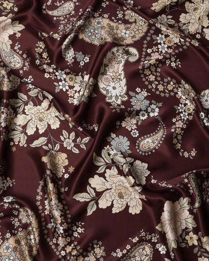 Maroon Multicolor Floral Paisley Print Premium Pure Silk Satin Fabric, 110 cm Width, Intricate Designer Pattern, Origin: South Korea-D26814