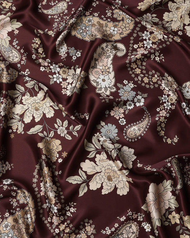 Maroon Multicolor Floral Paisley Print Premium Pure Silk Satin Fabric, 110 cm Width, Intricate Designer Pattern, Origin: South Korea-D26814