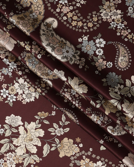 Maroon Multicolor Floral Paisley Print Premium Pure Silk Satin Fabric, 110 cm Width, Intricate Designer Pattern, Origin: South Korea-D26814
