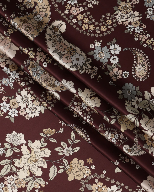 Maroon Multicolor Floral Paisley Print Premium Pure Silk Satin Fabric, 110 cm Width, Intricate Designer Pattern, Origin: South Korea-D26814
