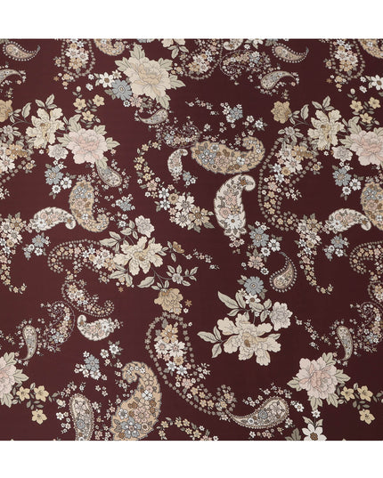 Maroon Multicolor Floral Paisley Print Premium Pure Silk Satin Fabric, 110 cm Width, Intricate Designer Pattern, Origin: South Korea-D26814