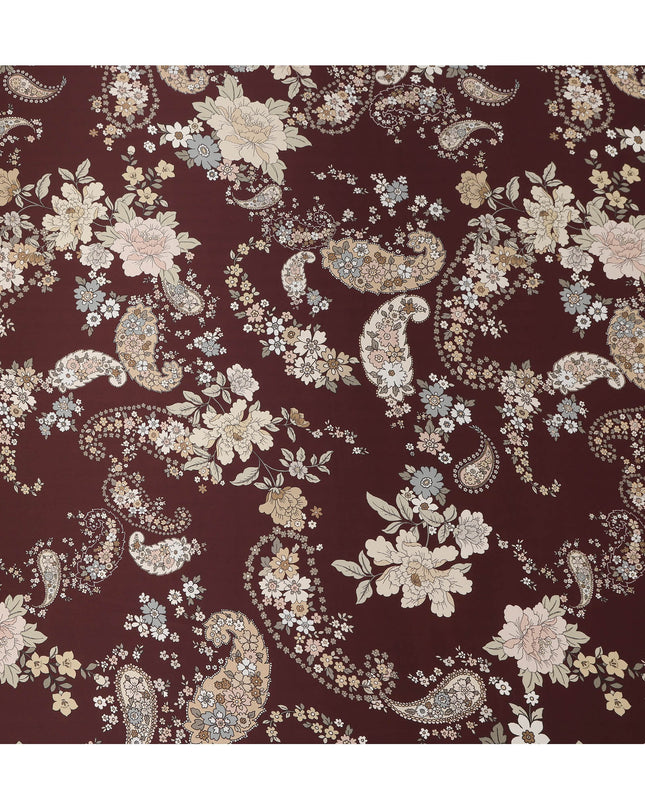 Maroon Multicolor Floral Paisley Print Premium Pure Silk Satin Fabric, 110 cm Width, Intricate Designer Pattern, Origin: South Korea-D26814