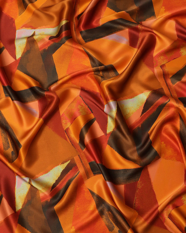 Orange Multicolor Abstract Geometric Print Premium Pure Silk Satin Fabric, 110 cm Width, Contemporary Artistic Design, Origin: South Korea-D26818