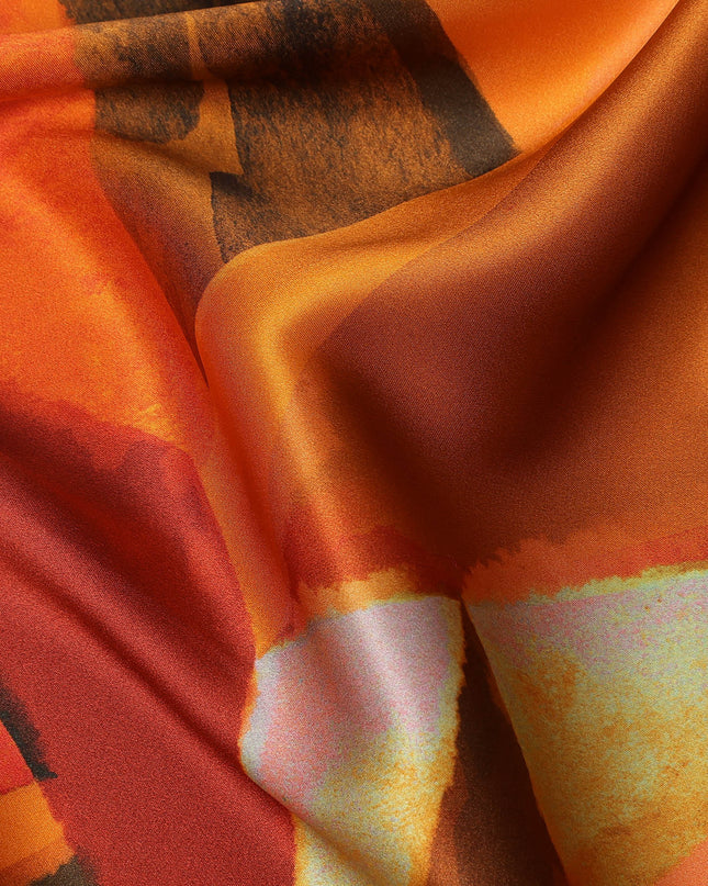 Orange Multicolor Abstract Geometric Print Premium Pure Silk Satin Fabric, 110 cm Width, Contemporary Artistic Design, Origin: South Korea-D26818