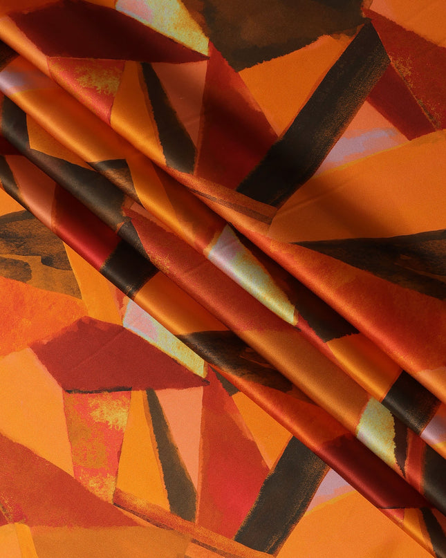 Orange Multicolor Abstract Geometric Print Premium Pure Silk Satin Fabric, 110 cm Width, Contemporary Artistic Design, Origin: South Korea-D26818