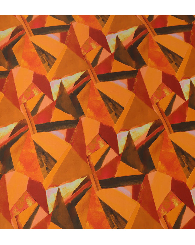 Orange Multicolor Abstract Geometric Print Premium Pure Silk Satin Fabric, 110 cm Width, Contemporary Artistic Design, Origin: South Korea-D26818