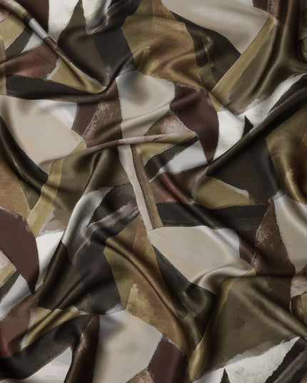 Brown Beige Abstract Geometric Print Premium Pure Silk Satin Fabric, 110 cm Width, Contemporary Artistic Pattern, Origin: South Korea-D26817