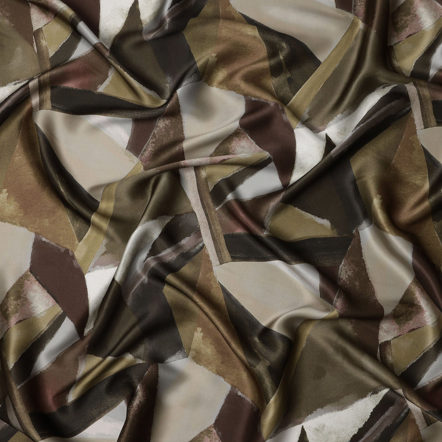 Brown Beige Abstract Geometric Print Premium Pure Silk Satin Fabric, 110 cm Width, Contemporary Artistic Pattern, Origin: South Korea-D26817