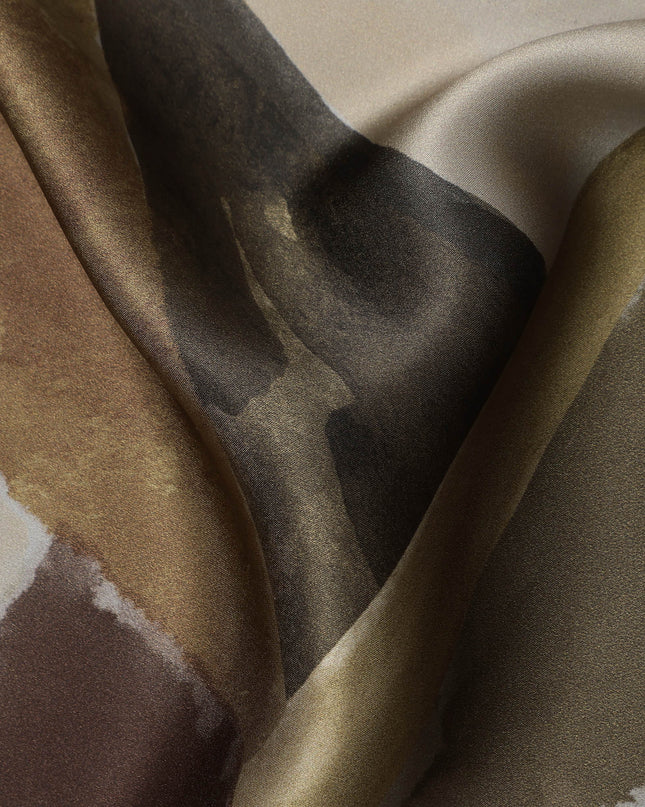 Brown Beige Abstract Geometric Print Premium Pure Silk Satin Fabric, 110 cm Width, Contemporary Artistic Pattern, Origin: South Korea-D26817