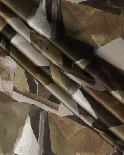 Brown Beige Abstract Geometric Print Premium Pure Silk Satin Fabric, 110 cm Width, Contemporary Artistic Pattern, Origin: South Korea-D26817