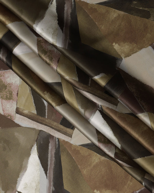 Brown Beige Abstract Geometric Print Premium Pure Silk Satin Fabric, 110 cm Width, Contemporary Artistic Pattern, Origin: South Korea-D26817