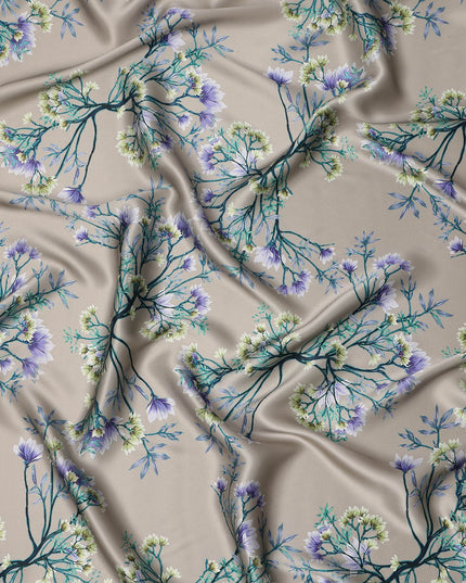 Beige Multicolor Floral Print Premium Pure Silk Satin Fabric, 110 cm Width, Intricate Botanical Design, Origin: South Korea-D26810