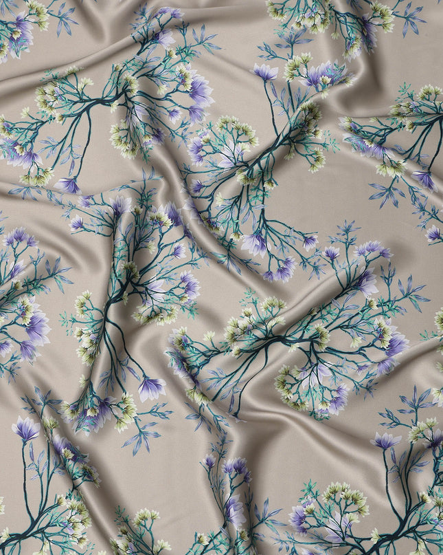 Beige Multicolor Floral Print Premium Pure Silk Satin Fabric, 110 cm Width, Intricate Botanical Design, Origin: South Korea-D26810