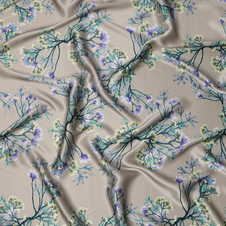 Beige Multicolor Floral Print Premium Pure Silk Satin Fabric, 110 cm Width, Intricate Botanical Design, Origin: South Korea-D26810