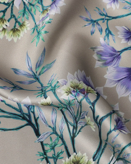 Beige Multicolor Floral Print Premium Pure Silk Satin Fabric, 110 cm Width, Intricate Botanical Design, Origin: South Korea-D26810