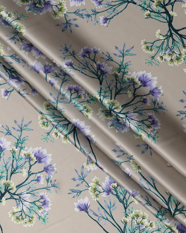 Beige Multicolor Floral Print Premium Pure Silk Satin Fabric, 110 cm Width, Intricate Botanical Design, Origin: South Korea-D26810