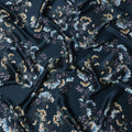 Dark Teal Multicolor Floral Print Premium Pure Silk Satin Fabric, 110 cm Width, Detailed Botanical Design, Origin: South Korea-D26809