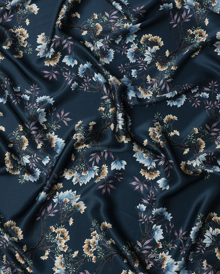 Dark Teal Multicolor Floral Print Premium Pure Silk Satin Fabric, 110 cm Width, Detailed Botanical Design, Origin: South Korea-D26809