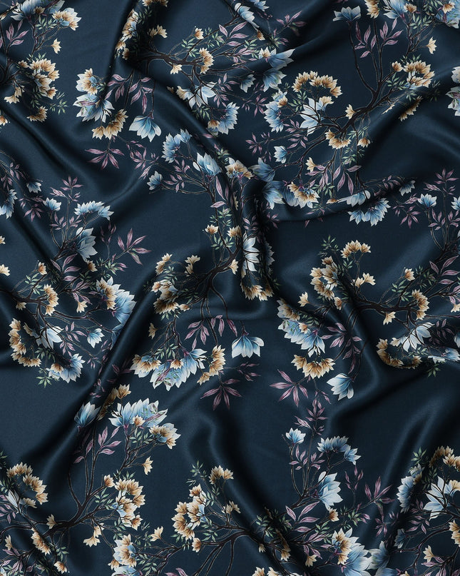 Dark Teal Multicolor Floral Print Premium Pure Silk Satin Fabric, 110 cm Width, Detailed Botanical Design, Origin: South Korea-D26809