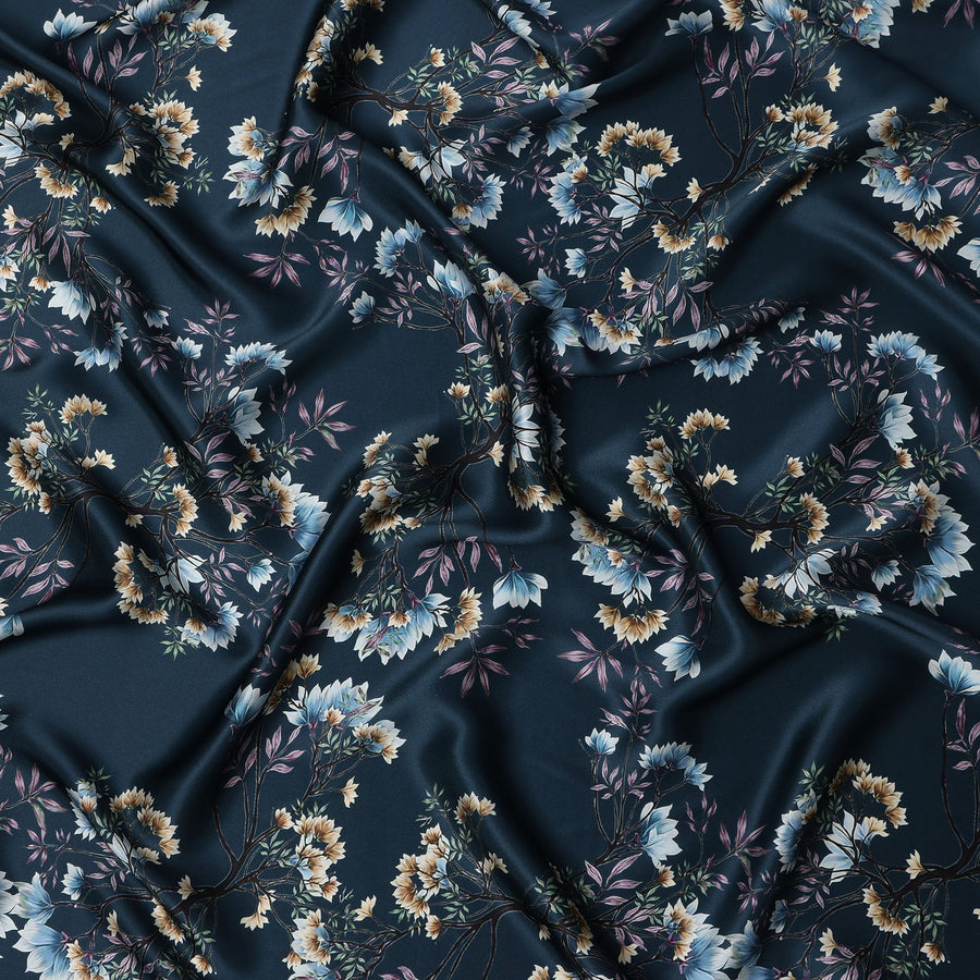 Dark Teal Multicolor Floral Print Premium Pure Silk Satin Fabric, 110 cm Width, Detailed Botanical Design, Origin: South Korea-D26809