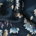 Dark Teal Multicolor Floral Print Premium Pure Silk Satin Fabric, 110 cm Width, Detailed Botanical Design, Origin: South Korea-D26809