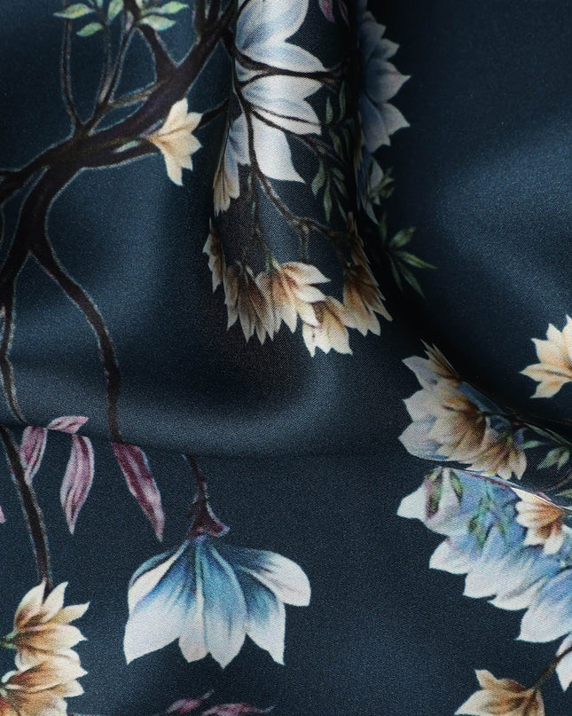 Dark Teal Multicolor Floral Print Premium Pure Silk Satin Fabric, 110 cm Width, Detailed Botanical Design, Origin: South Korea-D26809