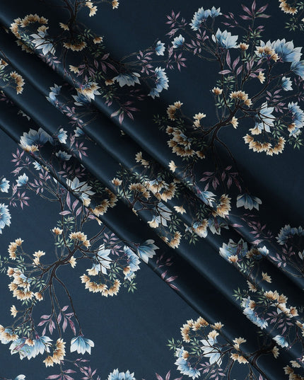 Dark Teal Multicolor Floral Print Premium Pure Silk Satin Fabric, 110 cm Width, Detailed Botanical Design, Origin: South Korea-D26809
