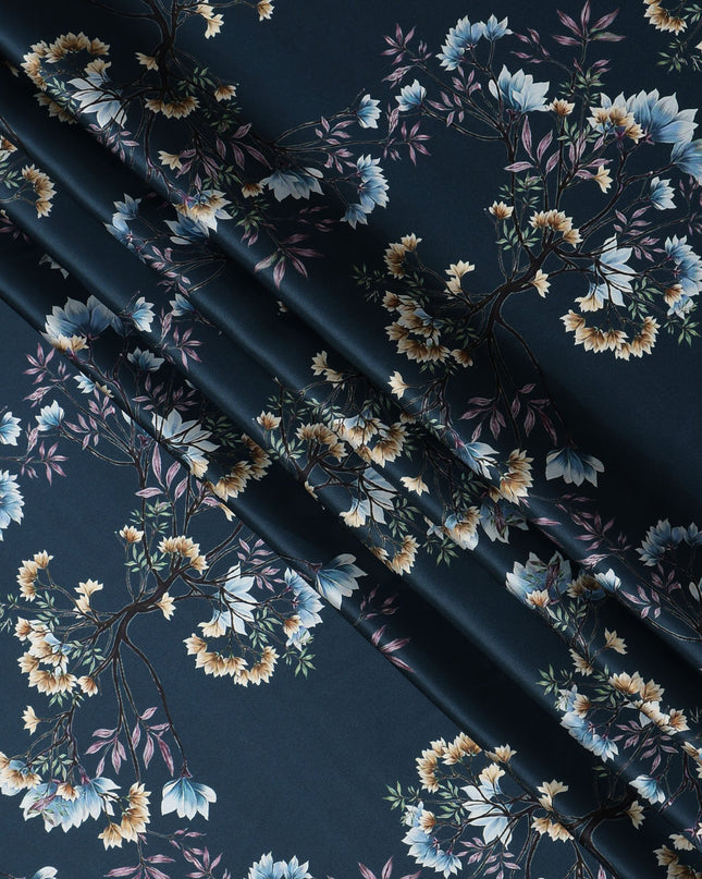 Dark Teal Multicolor Floral Print Premium Pure Silk Satin Fabric, 110 cm Width, Detailed Botanical Design, Origin: South Korea-D26809