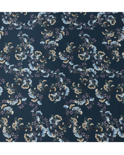 Dark Teal Multicolor Floral Print Premium Pure Silk Satin Fabric, 110 cm Width, Detailed Botanical Design, Origin: South Korea-D26809