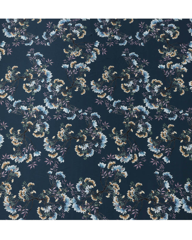 Dark Teal Multicolor Floral Print Premium Pure Silk Satin Fabric, 110 cm Width, Detailed Botanical Design, Origin: South Korea-D26809