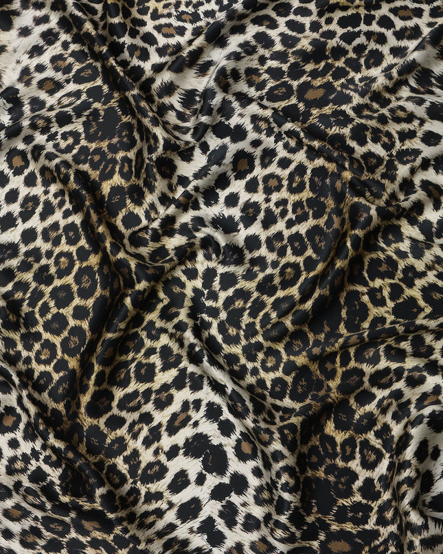 Brown Black Leopard Print Premium Pure Silk Satin Fabric, 110 cm Width, Bold Animal Skin Design, Origin: South Korea-D26811