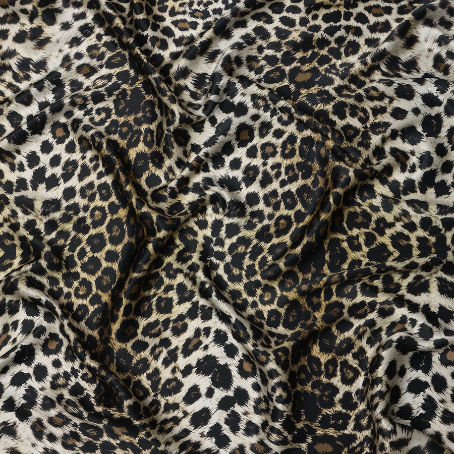 Brown Black Leopard Print Premium Pure Silk Satin Fabric, 110 cm Width, Bold Animal Skin Design, Origin: South Korea-D26811