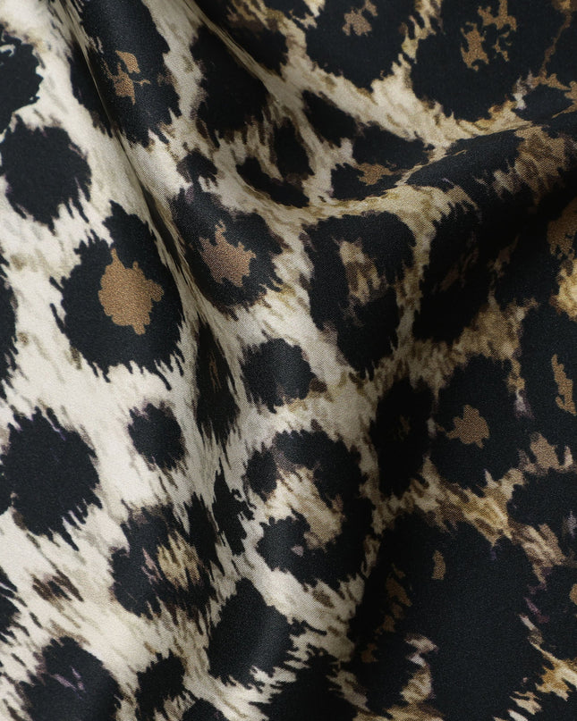 Brown Black Leopard Print Premium Pure Silk Satin Fabric, 110 cm Width, Bold Animal Skin Design, Origin: South Korea-D26811