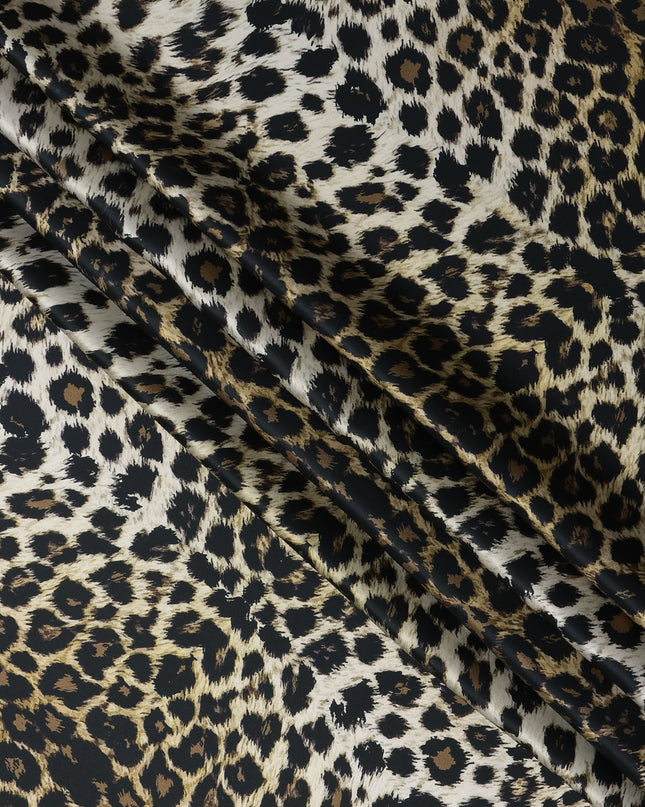 Brown Black Leopard Print Premium Pure Silk Satin Fabric, 110 cm Width, Bold Animal Skin Design, Origin: South Korea-D26811